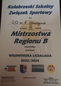 III miejsce w Mistrzostwach Regionu B w Piłce Koszykowej dziewcząt dla I LO w Nowogardzie 