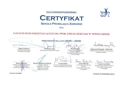 ILO W NOWOGARDZIE Z CERTYFIKATEM „SZKOŁA PROMUJĄCA ZDROWIE”